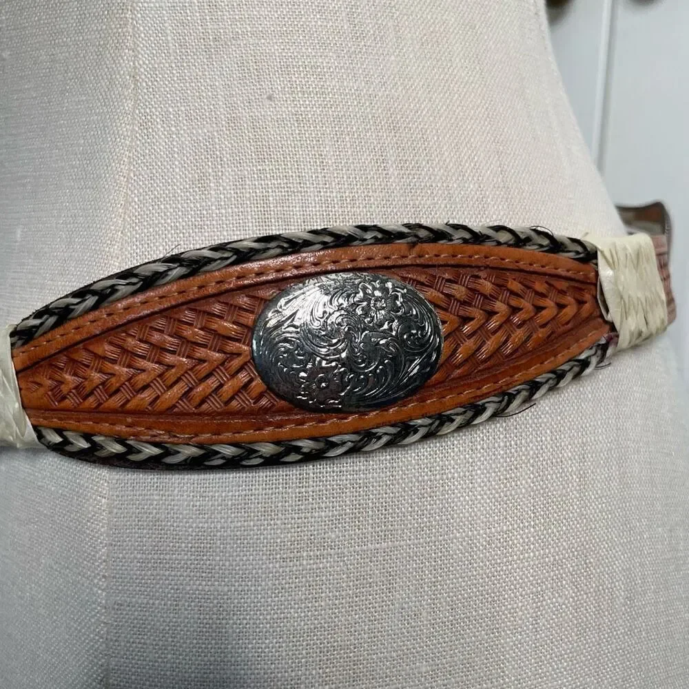 Nocona Leather Belt 45” Braided Horsehair Scallop Silver Buckle Western Cowboy